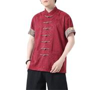 AIMAIBMLD Men's Shirt Chinese Style Summer Vintage 3/4 Sleeve Casual Jacket -Red-X-Large