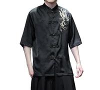 AIMAIBMLD Men's Shirt Chinese Style Summer Vintage Embroidered Linen 3/4 Sleeve for Blouse-Black-Large