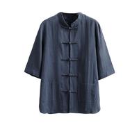 AIMAIBMLD Men's Shirt Chinese Style Vintage Summer Short Sleeve Relaxed for Blouse-Blue-Small