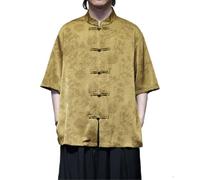 AIMAIBMLD Men's Shirt Ice Silk Summer Printed Vintage Chinese Style Loose for Blouse-Gold-Medium