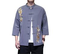 AIMAIBMLD Men's Shirt Vintage Embroidered Loose Casual Button Down for Blouse-Grey-X-Large
