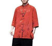 AIMAIBMLD Men's Shirt Vintage Ice Silk Short Sleeve Summer Casual for Blouse-Red-Large