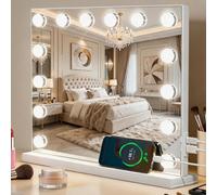 AIMAX Hollywood Espejo de tocador con iluminación, Espejo de Maquillaje con 14 Luces LED con 3 temperaturas de Color, luz Regulable, Espejo cosmético con Puertos de Carga, Control táctil, 50 x 42 cm