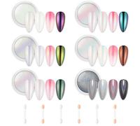 AIMEILI 6 Colores Polvos Acrílicos Para Uñas Efecto Perlado, Esmalte Cromo Pigmento Brillo Para Manicura, Decoración Arco Iris Cromado Camaleón Concha, Con Seis Hisopos de Algodón