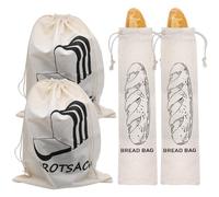 Aimeke 4 Piezas Bolsas de Pan de Lino Natural Bolsa de Pan Reutilizable Bolsas de Lino con Cordón para Pan Frutas Verduras Nueces (29 × 38,5 cm/14,4 × 65 cm)