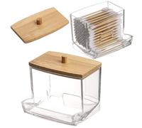 AIMIXUN 2 Piezas Caja Para Bastoncillos de Algodón, Dispensador Discos Desmaquillantes con Tapa de Bambú, Contenedor de Hisopos de Algodón, Contenedores de Almacenamiento de Plástico Transparent