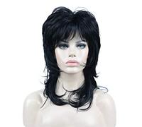 Aimole Peluca peluda en capas hasta el hombro con flequillo de pelo sintético de primera calidad para mujer (1 negro azabache)