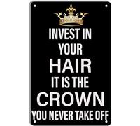 AimQurt Barber Shop - Letrero de metal con texto en inglés "Invest In Your Hair It Is The Crown You Never Take Off", póster retro para peluquería, oficina, hogar, cafeterías, bares, pubs, tiendas