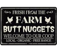 AimQurt Fresh From The Farm Butt Nuggets - Letrero de metal para decoración de gallinero, decoración de pollo para gallinero, letreros de metal vintage para el hogar, cocina, granja, patio, decoración
