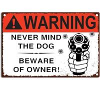 AimQurt Letrero de estaño vintage con texto en inglés "Warning Never Mind The Dog Beware of Owner", arte de pared retro de metal vintage para decoración del hogar al aire libre, habitación, accesorios