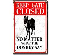 AimQurt Letrero de lata con texto en inglés "Warning Cow Outdoor Keep The Gate Closed No Matter What The Donkeys Says" - Letrero de metal para valla, pared, casa, puerta, placa vintage de 8 x 12
