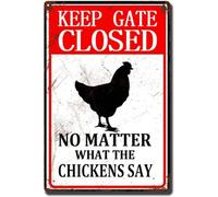 AimQurt Letrero de lata con texto en inglés "Warning Cow Outdoor Keep The Gate Closed No Matter What The Chickens Says" - Letrero de metal para valla, pared, casa, puerta, placa retro vintage, 12 x 16