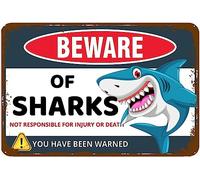 AimQurt Letrero de metal con texto en inglés "Beware Of Shark You Have Been Warned", pintura de hierro para niños, decoración del hogar, habitación, puerta, accesorios, póster, regalos, patio al aire