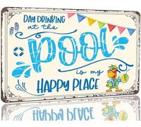 AimQurt Letrero de metal con texto en inglés "Day Drinking at the Pool Is My Happy Place" para decoración al aire libre para el hogar, piscina, terraza, patio, bar, decoración de pared, regalo