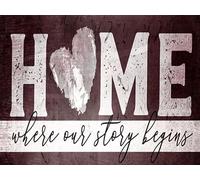 AimQurt Letrero de metal con texto en inglés "Home Where Our Story Begins He", pintura de hierro para interiores y exteriores, decoración del hogar, accesorios de puerta, pósteres, regalos, cafeterías