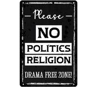 AimQurt Letrero de metal con texto en inglés "No Politics No Religion Drama Free Zone" para decoración de pared de granja, divertido letrero de entrada vintage novedoso para el hogar, sala de estar
