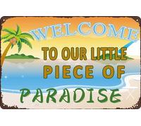 AimQurt Letrero de metal con texto en inglés "Welcome to Our Little Piece of Paradise" para puerta delantera, estilo 5.5 x 8 pulgadas, estilo 5