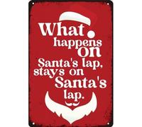 AimQurt Letrero de metal con texto en inglés "What Happens on Santa's Lap, Stays on Santa's Lap", divertido arte de pared para decoración del hogar, habitación, puerta, accesorios, pósteres, regalos