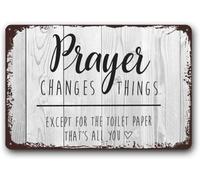 AimQurt Letrero de metal divertido con texto en inglés "Prayer Changes Things Except For The Toilet Paper That's All You" para baño, decoración de pared vintage para el hogar, cafetería, bar, 8 x 12