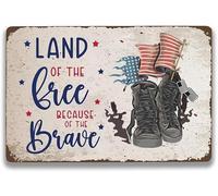 AimQurt Letrero de metal para el Día de los Caídos, con texto en inglés "Land of the Free Because of the Brave" para decoración del hogar, accesorios de puerta, cafeterías, bares, clubes, oficinas