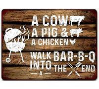 AimQurt Letrero de metal vintage con texto en inglés "A Cow a Pig a Chicken Walk BBQ Into a The End", arte de pared de metal para decoración del hogar de la habitación, accesorios de puerta, póster