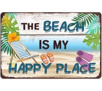 AimQurt Letrero de metal vintage con texto en inglés "The Beach Is My Happy Place" para decoración de pared del hogar, decoración rústica para baño, dormitorio, sala de estar, cabaña de playa, 8 x 12