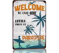 AimQurt Letrero de metal vintage para piscina al aire libre, bienvenido a nuestra pequeña pieza de paraíso, letrero de estaño para el hogar, piscina, patio, jardín, playa, cabaña, letreros al aire