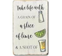 AimQurt Letrero retro de estaño con texto en inglés "Take Life with a Grain of Sal, A Wedge of Lime and a Shot of Tequila", cartel de metal vintage para pared, póster para el hogar, cocina, bar, pub