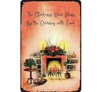 AimQurt Letrero retro de Navidad con texto en inglés "The Stockings Were Hung by the Chimney with Care" (Las medias fueron colgadas por la chimenea) con cuidado, letrero de metal divertido para