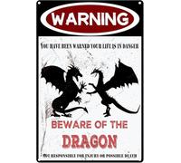 AimQurt Letreros de lata vintage con texto en inglés "Beware of the Dragon", letrero de estaño de advertencia retro para decoración de pared, póster de metal para el hogar, cocina, bar, pub, cafetería