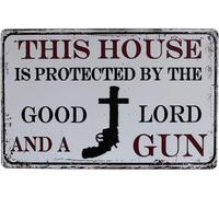 AimQurt Placa de metal con texto en inglés "This House is Protected by The Good Lord and a Gun", placa de arte vintage para decoración de pared del hogar, accesorios, pósteres, regalos, cafeterías