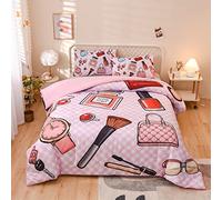 Aimuan Juego de edredón con temática de maquillaje cosmético, con bolsa de perfume, patrón de esmalte de uñas, juego de ropa de cama decorativo de 3 piezas con 2 fundas de almohada, tamaño Queen, rosa