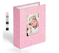 Ainiv 15x10 cm Álbum de Fotos Lino Con 100 Cuadrículas, Apertura Superior Deslizante, con Ventana de Portada Personalizada para Aniversarios Boda, Reuniones Familiares - Rosa