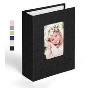 Ainiv 15x10 cm Álbum de Fotos Lino Con 100 Cuadrículas, Apertura Superior Deslizante, con Ventana de Portada Personalizada para Aniversarios Boda, Reuniones Familiares - Negro