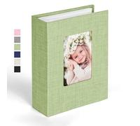 Ainiv 15x10 cm Álbum de Fotos Lino Con 100 Cuadrículas, Apertura Superior Deslizante, con Ventana de Portada Personalizada para Aniversarios Boda, Reuniones Familiares - Verde claro