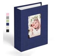 Ainiv 15x10 cm Álbum de Fotos Lino Con 100 Cuadrículas, Apertura Superior Deslizante, con Ventana de Portada Personalizada para Aniversarios Boda, Reuniones Familiares - Azul oscuro