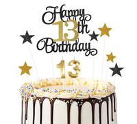 Ainiv 9pzs Decoracion Tartas Cumpleaños, Negro Dorado 13 Años Velas Cumpleaños Numeros para Mujeres y Hombres, Estrella Adornos Birthday para Fiestas, Cupcakes, Postres y Pasteles