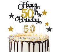 Ainiv 9pzs Decoracion Tartas Cumpleaños, Negro Dorado 50 Años Velas Cumpleaños Numeros para Mujeres y Hombres, Estrella Adornos Birthday para Fiestas, Cupcakes, Postres y Pasteles