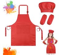Ainiv Delantal Infantile + Gorro Cocinero Niño + Mangas de Cocineroes, Disfraz Cocina Infantil con 2 Bolsillos, Artista Apron para 7-13 Años, Mandil y Gorro Chef Niño para Pintar (Rojo)