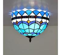 Aioneer 12" Ceiling Lights, Handmade Stained Glass Led Ceiling Lamp Flush Mount, Victoria Style Bedroom Chandelier For Living Room Kitchen Dining Room Hallway, Blue