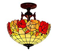 Aioneer 16" Ceiling Light Fixture Semi Flush Mount Stained Glass Shade Ceiling Lamp 3 Light Vintage Dimmable Pendant Hanging Lamp For Living Room Bedroom Kitchen Hallway Decor