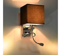 Aioneer Bedside Wall Lights with Flexible Reading Light and Adjustable Gooseneck Lamp Wall Mounted Bedroom Lights with Switch Fabric Shade Beige Night Light-Black