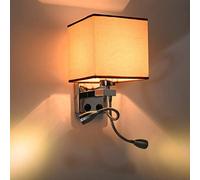 Aioneer Bedside Wall Lights with Flexible Reading Light and Adjustable Gooseneck Lamp Wall Mounted Bedroom Lights with Switch Fabric Shade Beige Night Light-Beige