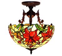 Aioneer Ceiling Light Fixture Semi Flush Mount 16" Stained Glass Shade Ceiling Lamp 3 Light Vintage Lily Flower Hanging Lamp For Decor Living Room Bedroom Kitchen Dining Room HAL