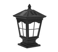 Aioneer Dusk To Dawn Solar Waterproof Post Light Die-Cast Aluminum Square Column Lights Palace Retro Decoration Outdoor Courtyard Villa Door Fence Deck Cap Patio Garden Pillar Li-Black-15 * 41cm