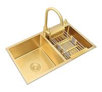 Aioneer Fregadero Cuadrado De Doble Cubeta con Acabado Cepillado Y Grifo Curvo Grande, De Acero Inoxidable 304 Color Oro.-Gold-75x40x22cm