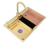 Aioneer Fregadero De Cocina Individual para Barra, Color Dorado, para Caravanas, Empotrable O con Grifo Curvo Grande Y Desagüe.-Gold-80x46x22cm