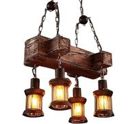Aioneer Modern Elier 4 Lights Industrial Wooden Elier, Retro Loft Lantern Hanging Lighting, Farmhouse Pendant Lamp Compatible with Pool Table Kitchen, For Living Room