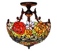 Aioneer Rose Flower Ceiling Light 16 Inch Wide Lampshade Stained Glass Semi Flush Mount Ceiling Lamp 3 Light Vintage Hanging Lamp For Decor Living Room Bedroom Kitchen Dining Roo