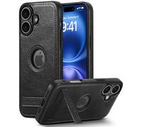 AIOVETEAB Funda para iPhone 16 Plus con Soporte de Metal, Slim Premium PU Cuero Retro Business Antiarañazos Anti-Choques Case Funda de Piel Protectora para iPhone 16 Plus,Negro